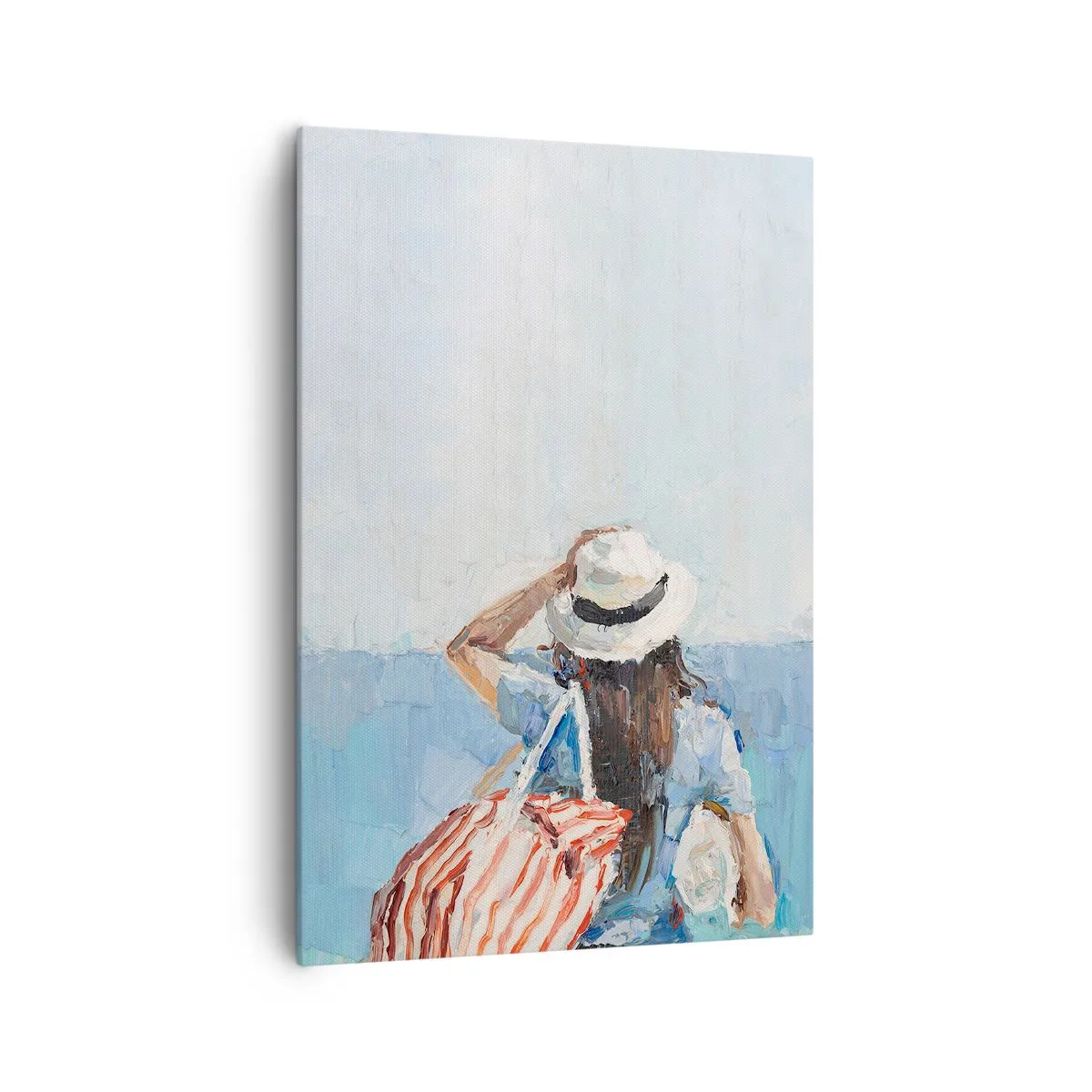 Impression sur toile - Image sur toile - Une femme avec un chapeau contre la mer bleue - 70x100cm - Bienvenue à vos vacances - Décoration murale moderne pour le salon et la chambre ARTTOR