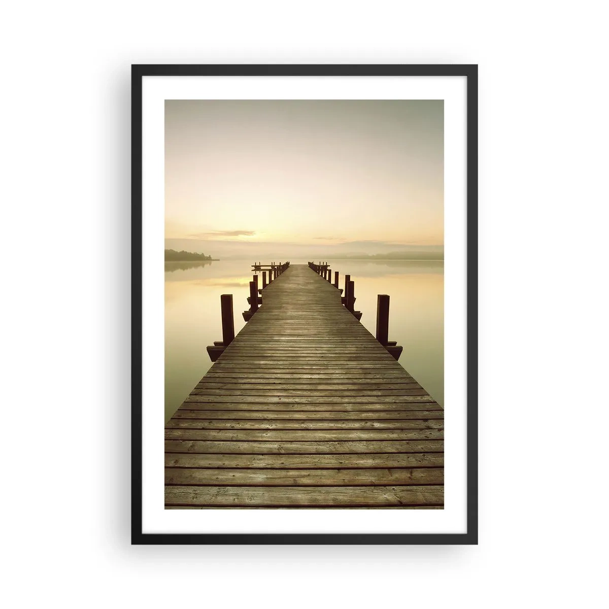 Affiche dans un cadre noir - Poster - Une jetée en bois sur un lac calme le matin - 50x70cm - L'aube, les premières lueurs, le jour  - Décoration murale moderne pour le salon et la chambre ARTTOR