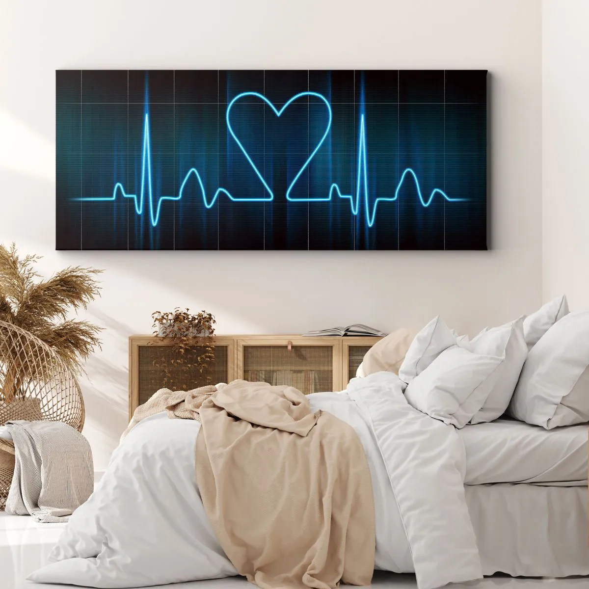 Impression sur toile - Image sur toile - Une ligne de vie avec un cœur sur un fond de surveillance médicale dans des tons bleus. - 140x50cm - Au rythme du cœur - Décoration murale moderne pour le salon et la chambre ARTTOR