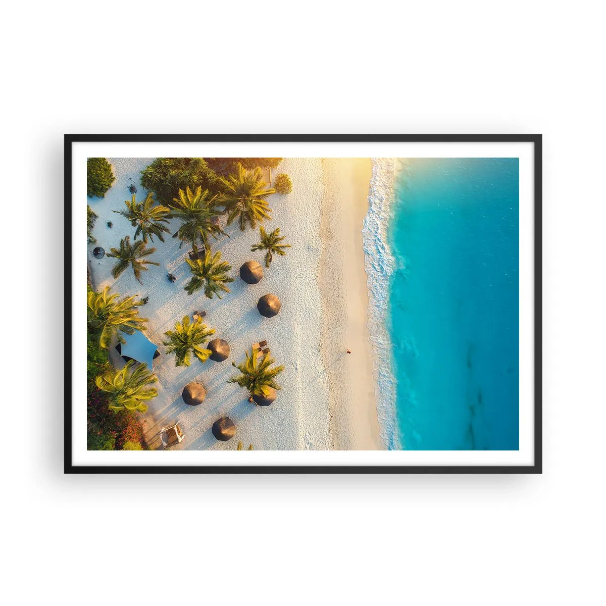 Affiche dans un cadre noir - Poster - Vue d'une plage tropicale avec des palmiers et une mer turquoise - 100x70cm - Bienvenue au paradis - Décoration murale moderne pour le salon et la chambre ARTTOR
