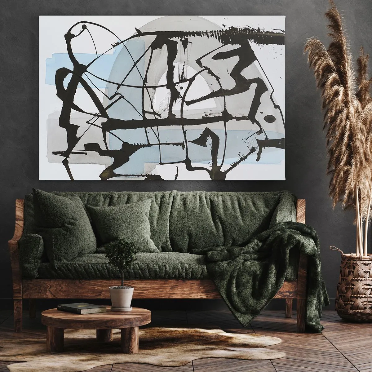 Impression sur toile - Image sur toile - Lignes et formes abstraites en bleu et noir - 70x50cm - Bleu malgré tout - Décoration murale moderne pour le salon et la chambre ARTTOR