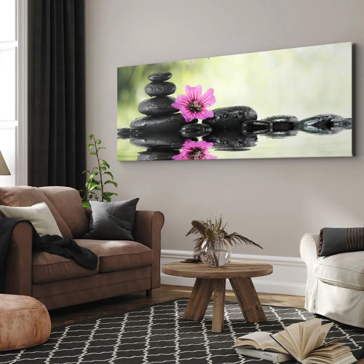Impression sur toile - Image sur toile - Des pierres zen et une fleur rose se reflétant dans l'eau - 120x50cm - Temps pour l'âme - Décoration murale moderne pour le salon et la chambre ARTTOR