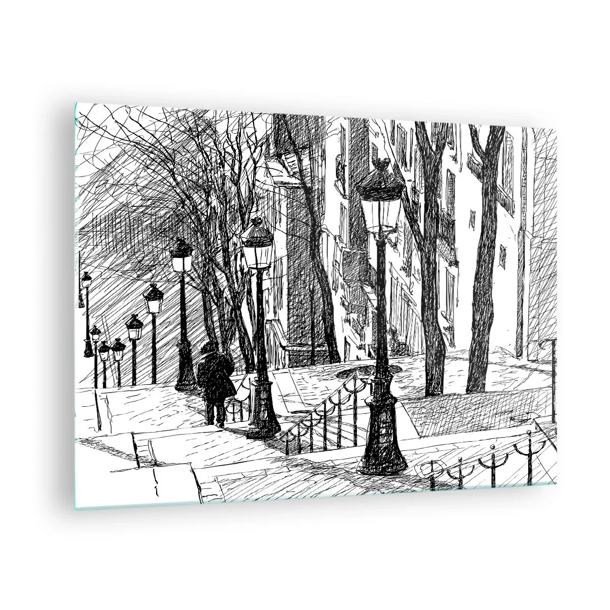 Impression sur verre - Image sur verre - Dessin en noir et blanc d'une rue de la ville avec des lanternes - 70x50cm - Une histoire d'amour ou une histoire d'horreur ? - Décoration murale moderne pour le salon et la chambre ARTTOR