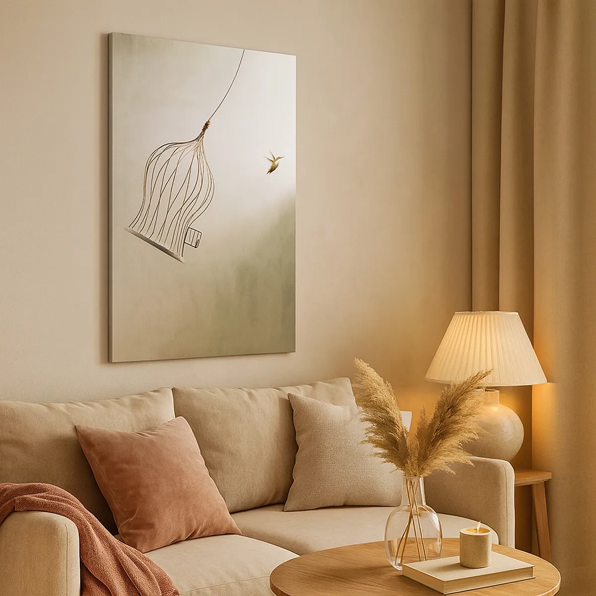 Impression sur toile - Image sur toile - Un oiseau libéré d'une cage sur fond de ciel lumineux - 50x70cm - Dans son élément - Décoration murale moderne pour le salon et la chambre ARTTOR