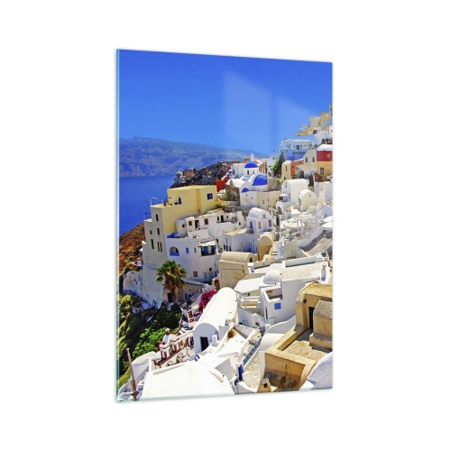 Impression sur verre - Image sur verre - Panorama de Santorin avec des maisons blanches et un ciel bleu - 70x100cm - Le rêve d'un été grec - Décoration murale moderne pour le salon et la chambre ARTTOR