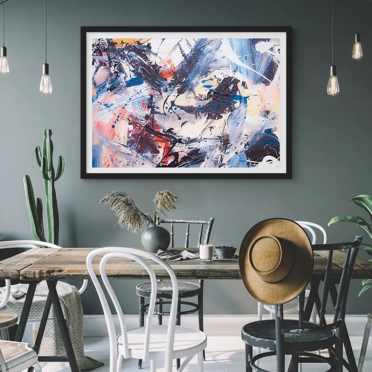 Affiche dans un cadre noir - Poster - Abstraction avec des coups de pinceau dynamiques en bleu et rouge. - 100x70cm - La danse folle de l'abstrait - Décoration murale moderne pour le salon et la chambre ARTTOR