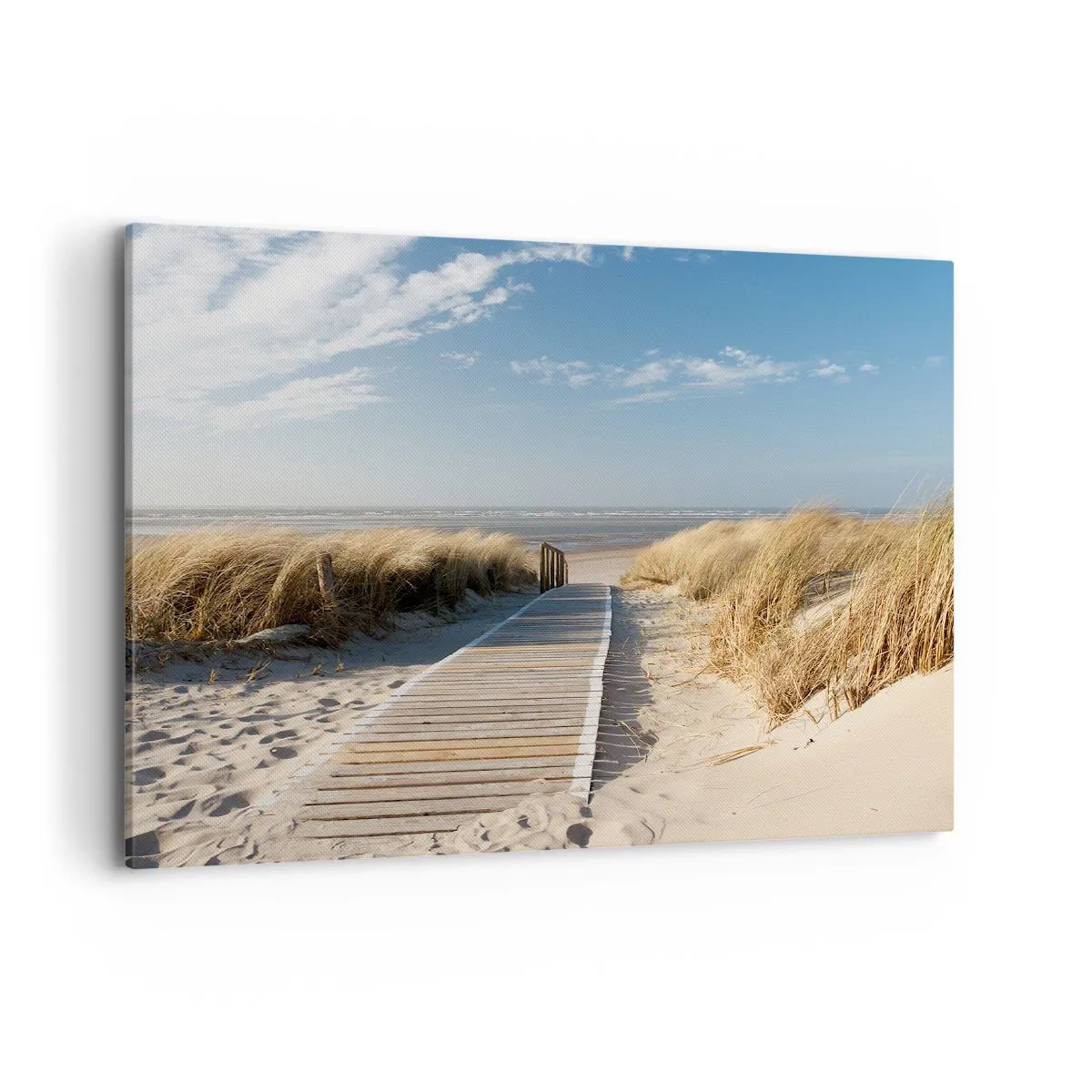 Impression sur toile - Image sur toile - Un chemin en bois mène à travers les dunes jusqu'à la mer calme - 100x70cm - Derrière la dune, dans le bruissement de l'herbe - Décoration murale moderne pour le salon et la chambre ARTTOR