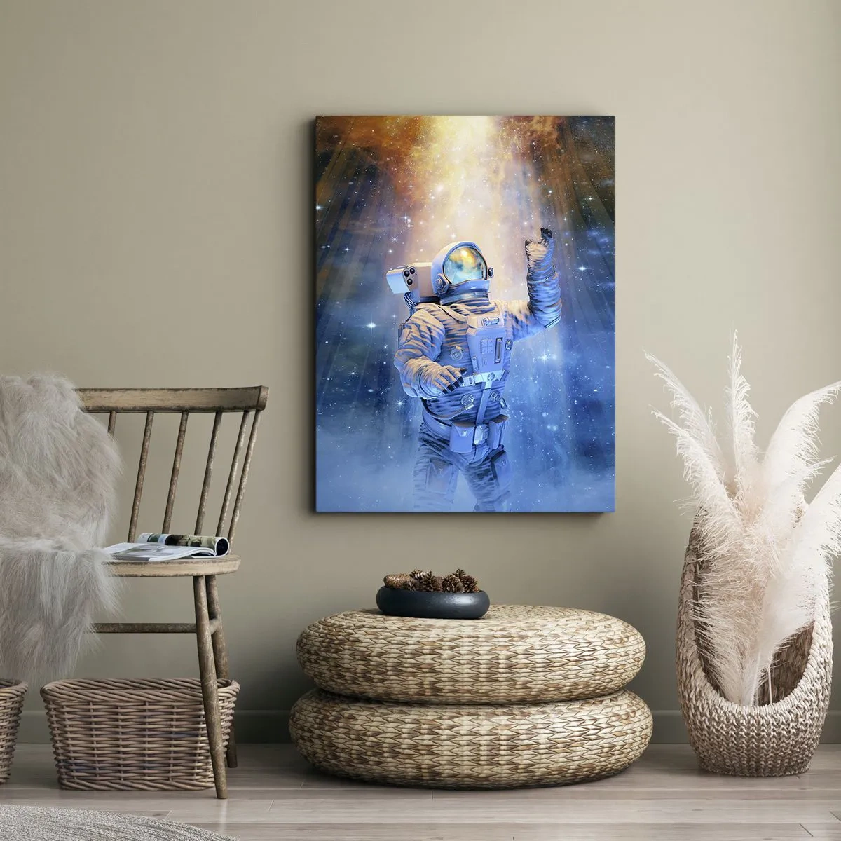 Impression sur toile - Image sur toile - Un astronaute à la lumière d'une explosion cosmique pleine d'étoiles - 50x70cm - Enfin arrivé - Décoration murale moderne pour le salon et la chambre ARTTOR