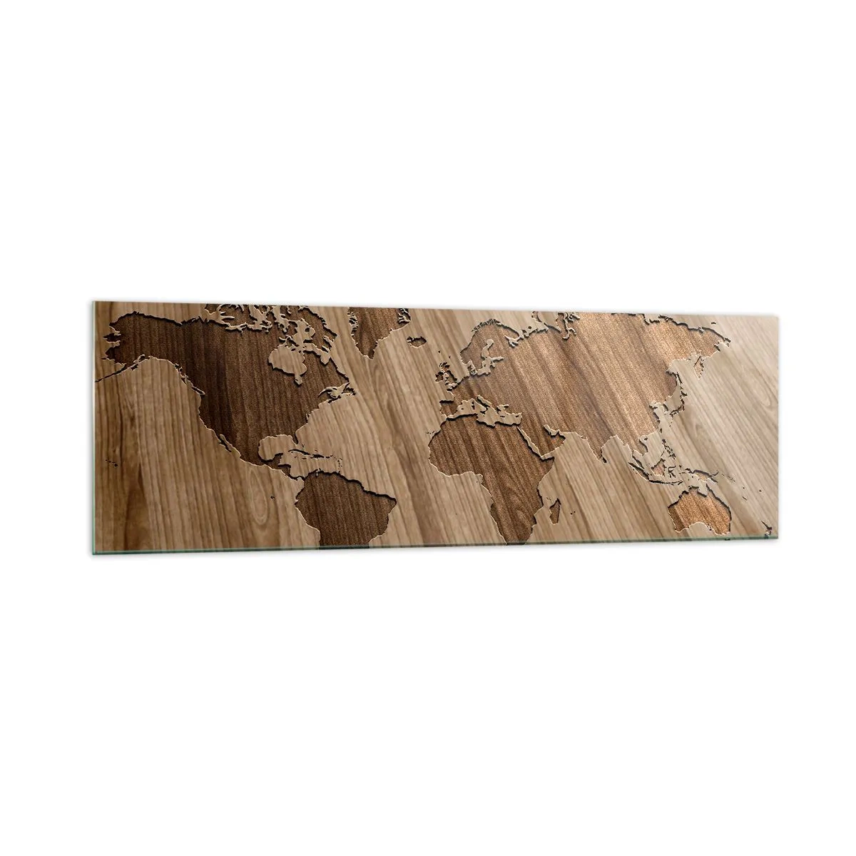 Impression sur verre - Image sur verre - Une carte du monde découpée sur une surface en bois - 160x50cm - Le monde est sur la table - Décoration murale moderne pour le salon et la chambre ARTTOR