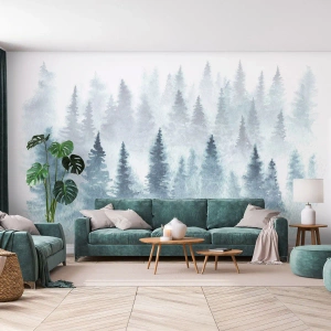 Papier Peint Photo Premium Sand - Enveloppé de brouillard - Paysage, Forêt, Épicéa - 400x280 cm