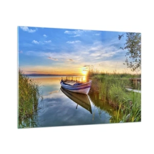 Impression sur verre - Image sur verre - Un bateau amarré au bord d'un lac au coucher du soleil - 100x70cm - La crique où les rêves deviennent réalité - Décoration murale moderne pour le salon et la chambre ARTTOR