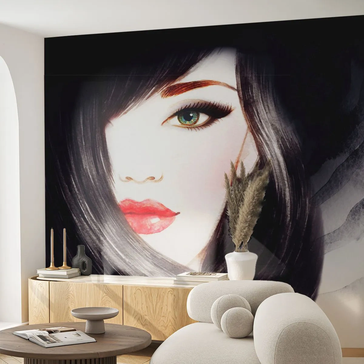 Papier Peint Photo Premium Canvas - Aspect saphir - Visage de femme, lèvres rouges, Yeux verts - 200x140 cm