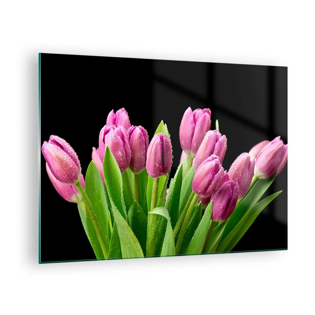 Impression sur verre - Image sur verre - Un bouquet de tulipes roses recouvertes de gouttes d'eau sur fond noir. - 70x50cm - Joie printanière des lilas - Décoration murale moderne pour le salon et la chambre ARTTOR