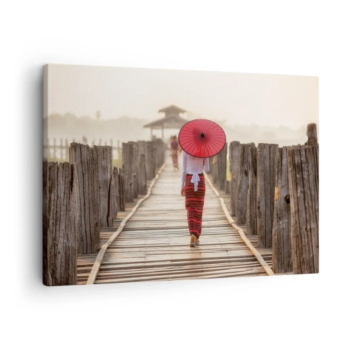 Impression sur toile - Image sur toile - Une femme avec un parapluie rouge sur un pont en bois - 70x50cm - Sur le vieux pont - Décoration murale moderne pour le salon et la chambre ARTTOR