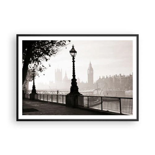 Affiche dans un cadre noir - Poster - Une vue monochrome de Big Ben et de la Tamise. - 100x70cm - Un matin londonien - Décoration murale moderne pour le salon et la chambre ARTTOR