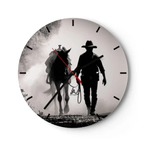 Horloge murale - Pendule murale - Un cow-boy menant son cheval dans le brouillard matinal - 30x30cm - Matinée texane - Décoration murale moderne pour le salon, la cuisine et la chambre ARTTOR