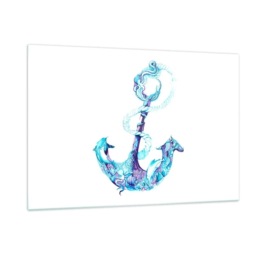 Impression sur verre - Image sur verre - Ancre avec des motifs nautiques dans un style artistique - 120x80cm - Le confident des secrets de la mer - Décoration murale moderne pour le salon et la chambre ARTTOR