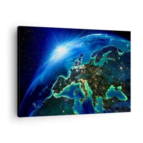 Impression sur toile - Image sur toile - Une vue d'Europe depuis l'espace à la lueur du soleil levant. - 70x50cm - Europe pétillante - Décoration murale moderne pour le salon et la chambre ARTTOR