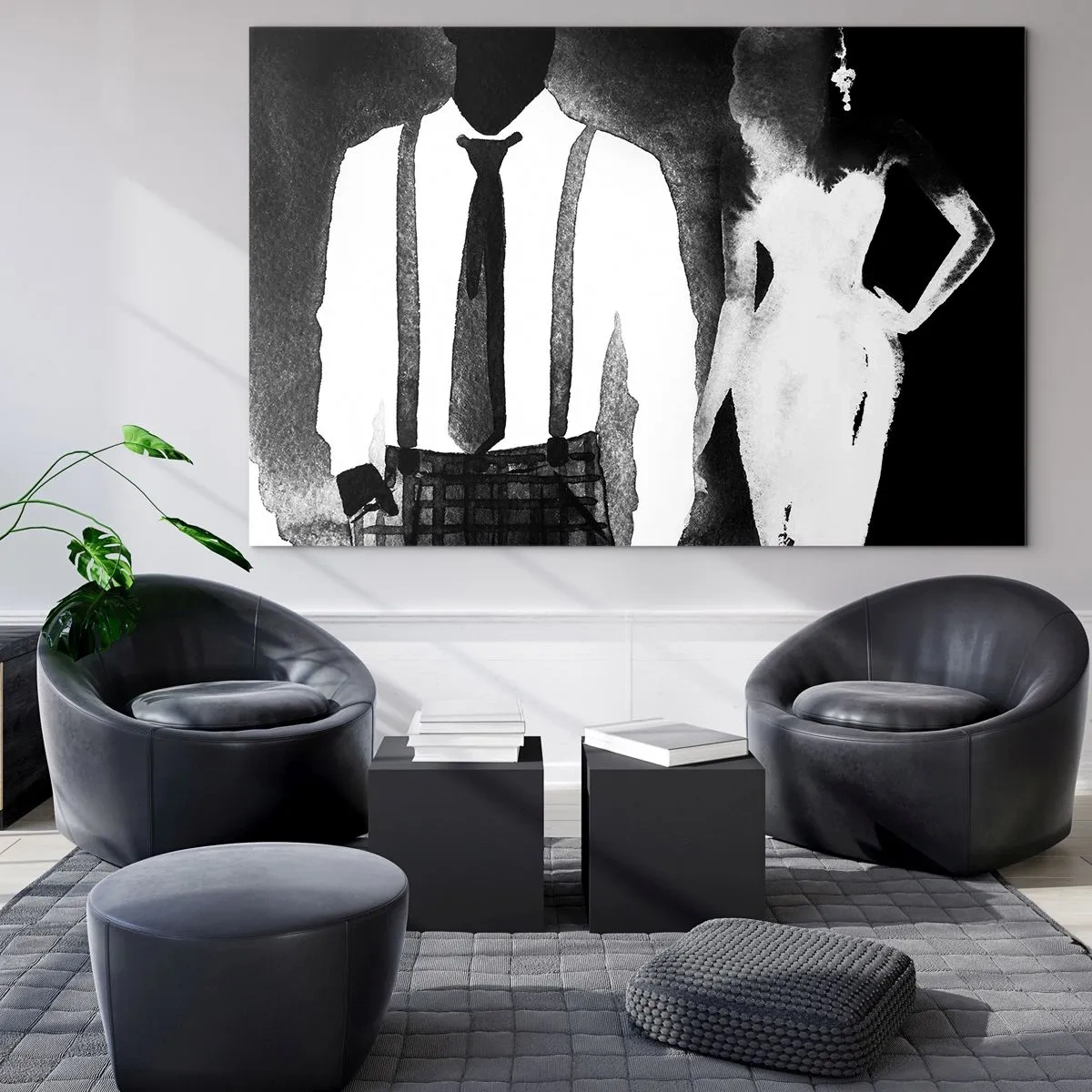 Impression sur verre - Image sur verre - Silhouette noire et blanche d'un élégant couple noir - 70x50cm - Ambiance noire - Décoration murale moderne pour le salon et la chambre ARTTOR
