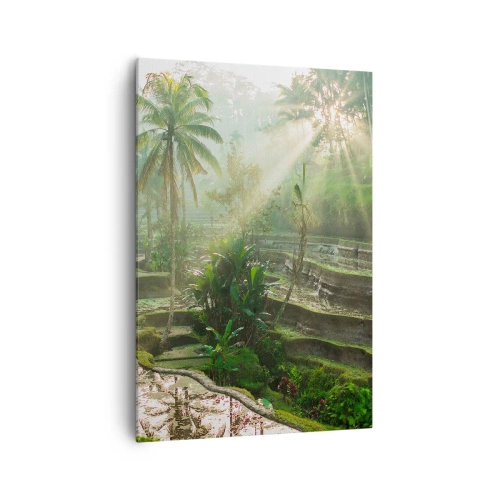 Impression sur toile - Image sur toile - Rizières en terrasses avec palmiers sous les rayons du soleil - 70x100cm - Grandir au soleil - Décoration murale moderne pour le salon et la chambre ARTTOR