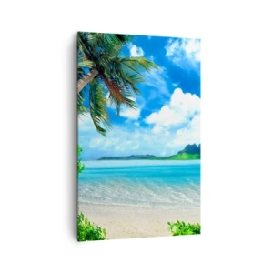 Impression sur toile - Image sur toile - Plage tropicale avec palmiers et vue sur l'île - 80x120cm - L'azur des tropiques - Décoration murale moderne pour le salon et la chambre ARTTOR