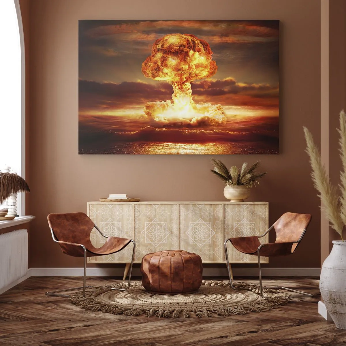 Impression sur toile - Image sur toile - Explosion d'un nuage en forme de champignon sur fond de coucher de soleil - 100x70cm - Et la fin viendra - Décoration murale moderne pour le salon et la chambre ARTTOR