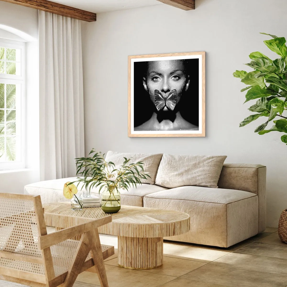 Affiche dans un chêne clair - Poster - Baiser papillon - 50x50 cm