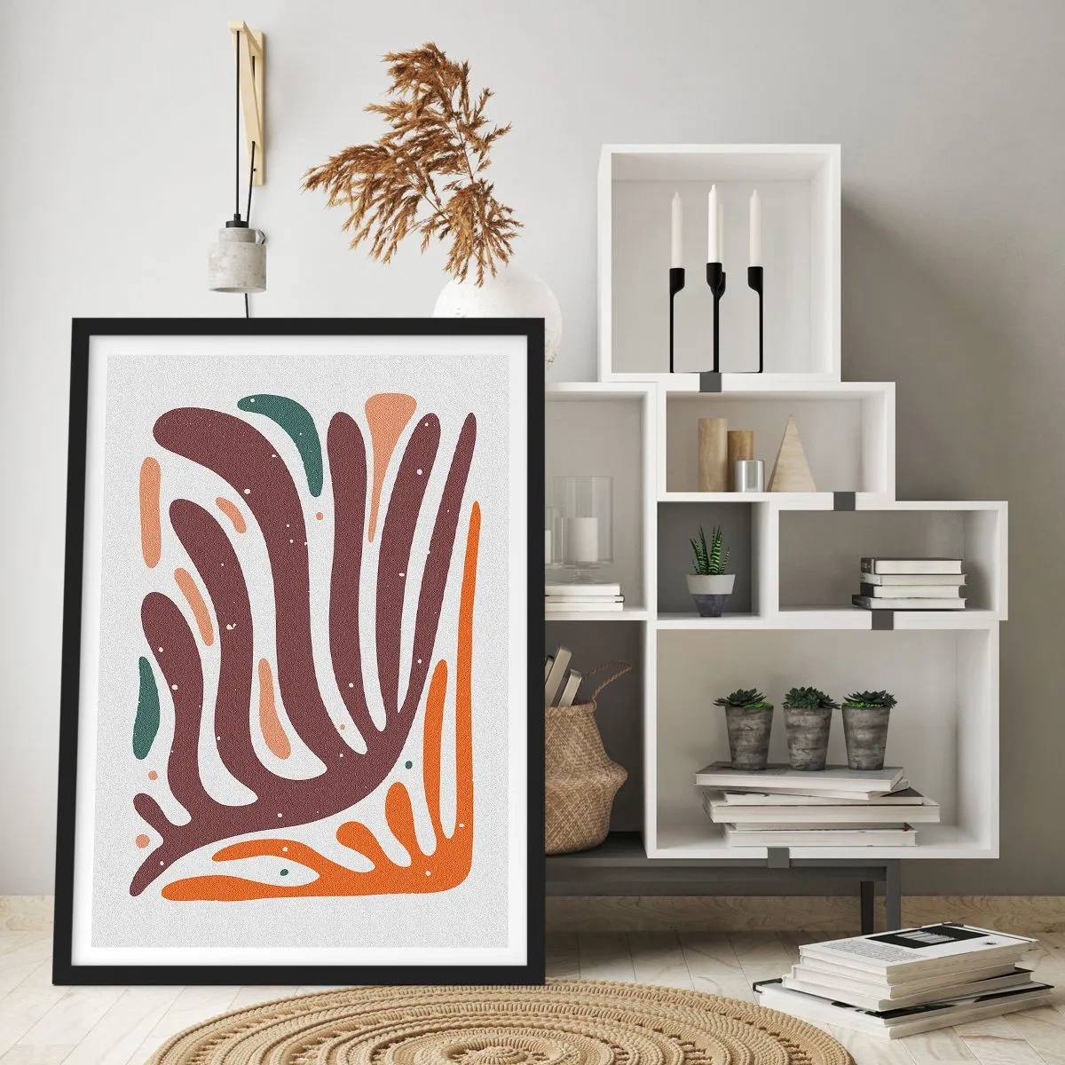 Affiche dans un cadre noir - Poster - Abstraction organique dans des tons chauds de marron et d'orange - 50x70cm - Composition organique rayonnante - Décoration murale moderne pour le salon et la chambre ARTTOR