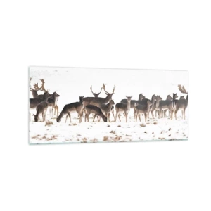 Impression sur verre - Image sur verre - Un troupeau de cerfs sur fond de neige - 120x50cm - Les fêtes approchent ? - Décoration murale moderne pour le salon et la chambre ARTTOR