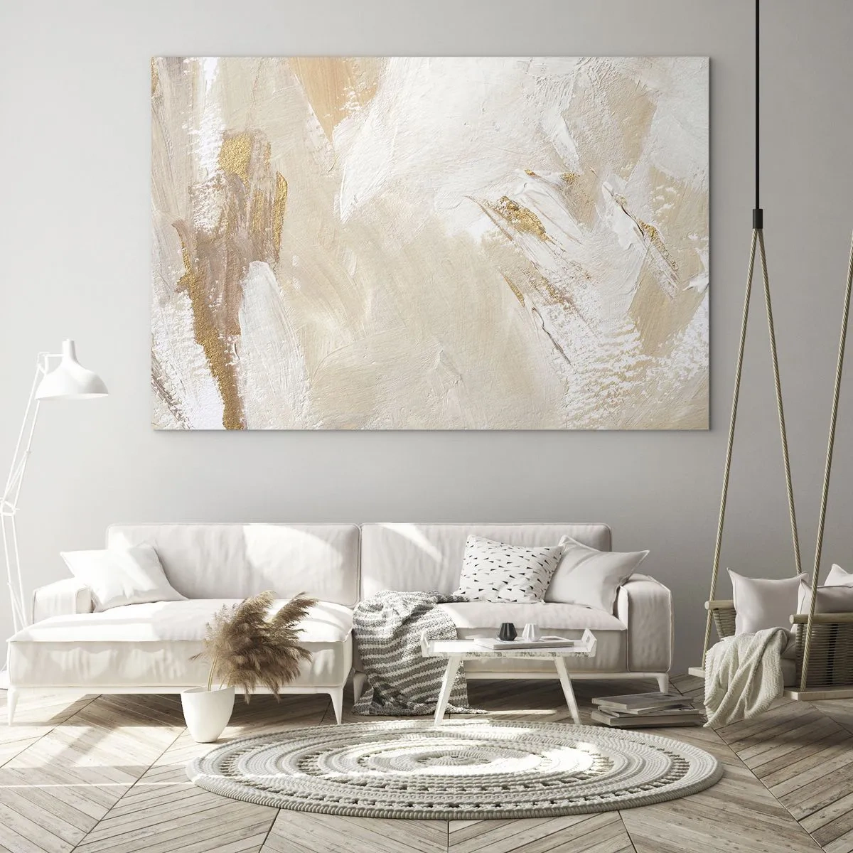 Impression sur verre - Image sur verre - Abstraction beige et blanche avec des accents dorés - 120x80cm - Composition pastel - Décoration murale moderne pour le salon et la chambre ARTTOR