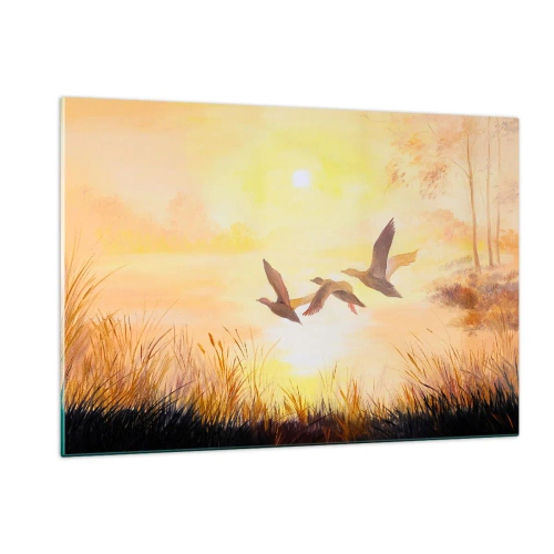 Impression sur verre - Image sur verre - Trois canards volant au-dessus d'un lac au lever du soleil - 120x80cm - Le début d'un long voyage - Décoration murale moderne pour le salon et la chambre ARTTOR