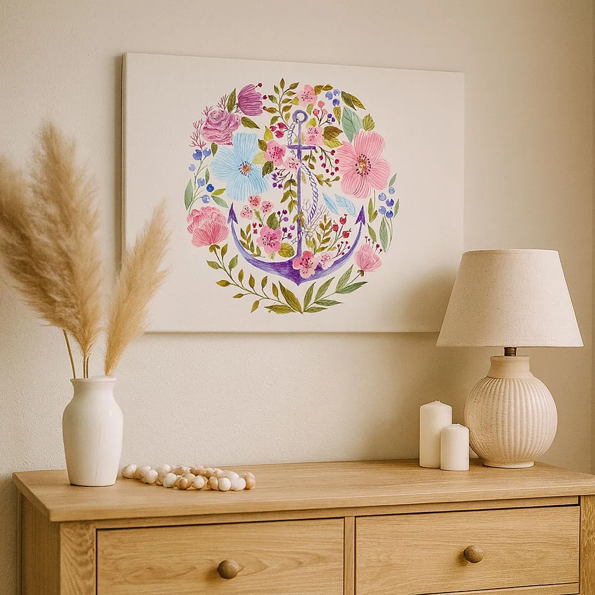 Impression sur toile - Image sur toile - Une ancre entourée de fleurs à l'aquarelle sur un fond clair - 70x50cm - Le beau rêve du marin - Décoration murale moderne pour le salon et la chambre ARTTOR