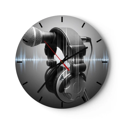 Horloge murale - Pendule murale - Microphone et casque avec onde sonore sur fond gris - 30x30cm - Vous pouvez encore entendre son chant - Décoration murale moderne pour le salon, la cuisine et la chambre ARTTOR