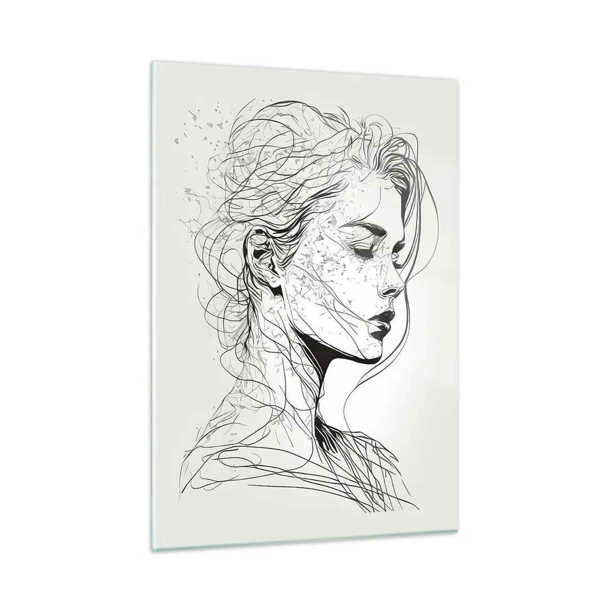 Impression sur verre - Image sur verre - Un croquis en noir et blanc d'une femme aux yeux fermés dans une ligne délicate. - 50x70cm - Portrait en pensée - Décoration murale moderne pour le salon et la chambre ARTTOR