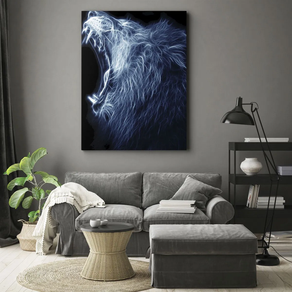 Impression sur toile - Image sur toile - Un visage saisissant de lion dans un style néon - 70x100cm - La colère ardente du roi - Décoration murale moderne pour le salon et la chambre ARTTOR