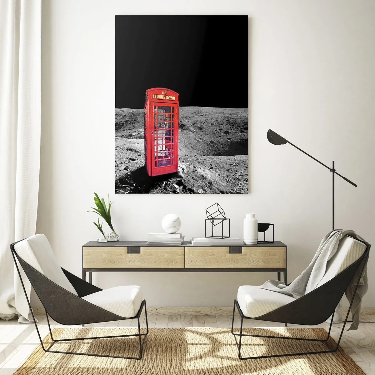 Impression sur verre - Image sur verre - Cabine téléphonique rouge sur la lune - 70x100cm - Une blague cosmique - Décoration murale moderne pour le salon et la chambre ARTTOR