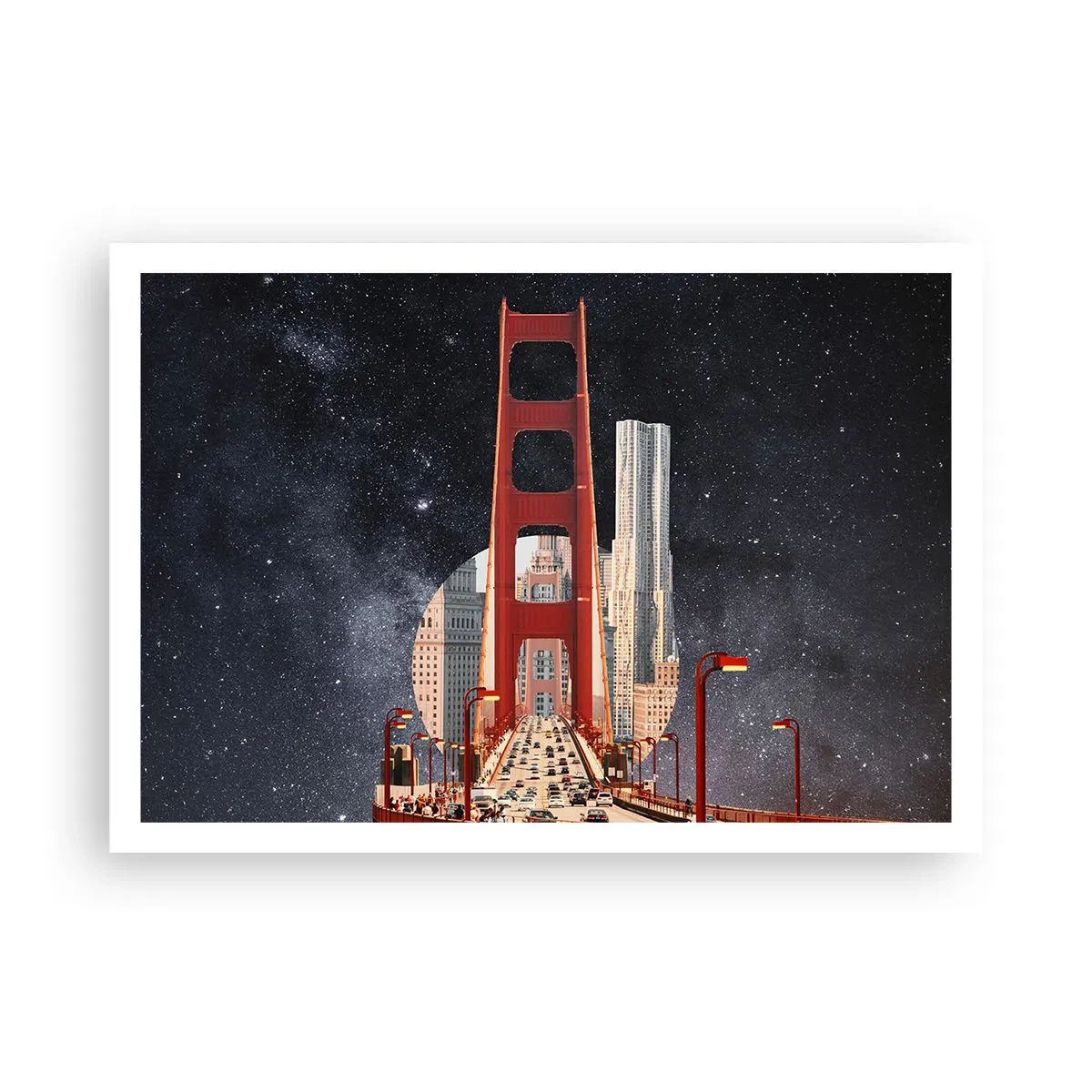 Affiche - Poster - Le Golden Gate Bridge avec la ville en arrière-plan contre un ciel étoilé - 100x70cm - Toujours au centre - Décoration murale moderne pour le salon et la chambre ARTTOR