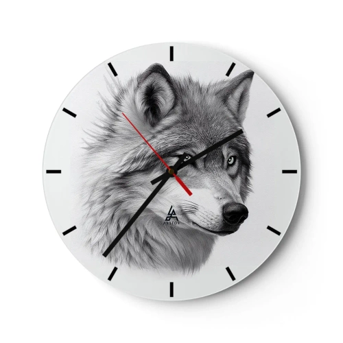 Horloge murale - Pendule murale - Portrait en noir et blanc d'un loup au regard perçant. - 30x30cm - Alpha – sans aucun doute - Décoration murale moderne pour le salon, la cuisine et la chambre ARTTOR
