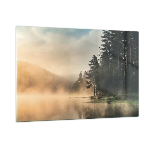Impression sur verre - Image sur verre - Un matin brumeux sur un lac forestier - 120x80cm - Naissance du jour - Décoration murale moderne pour le salon et la chambre ARTTOR