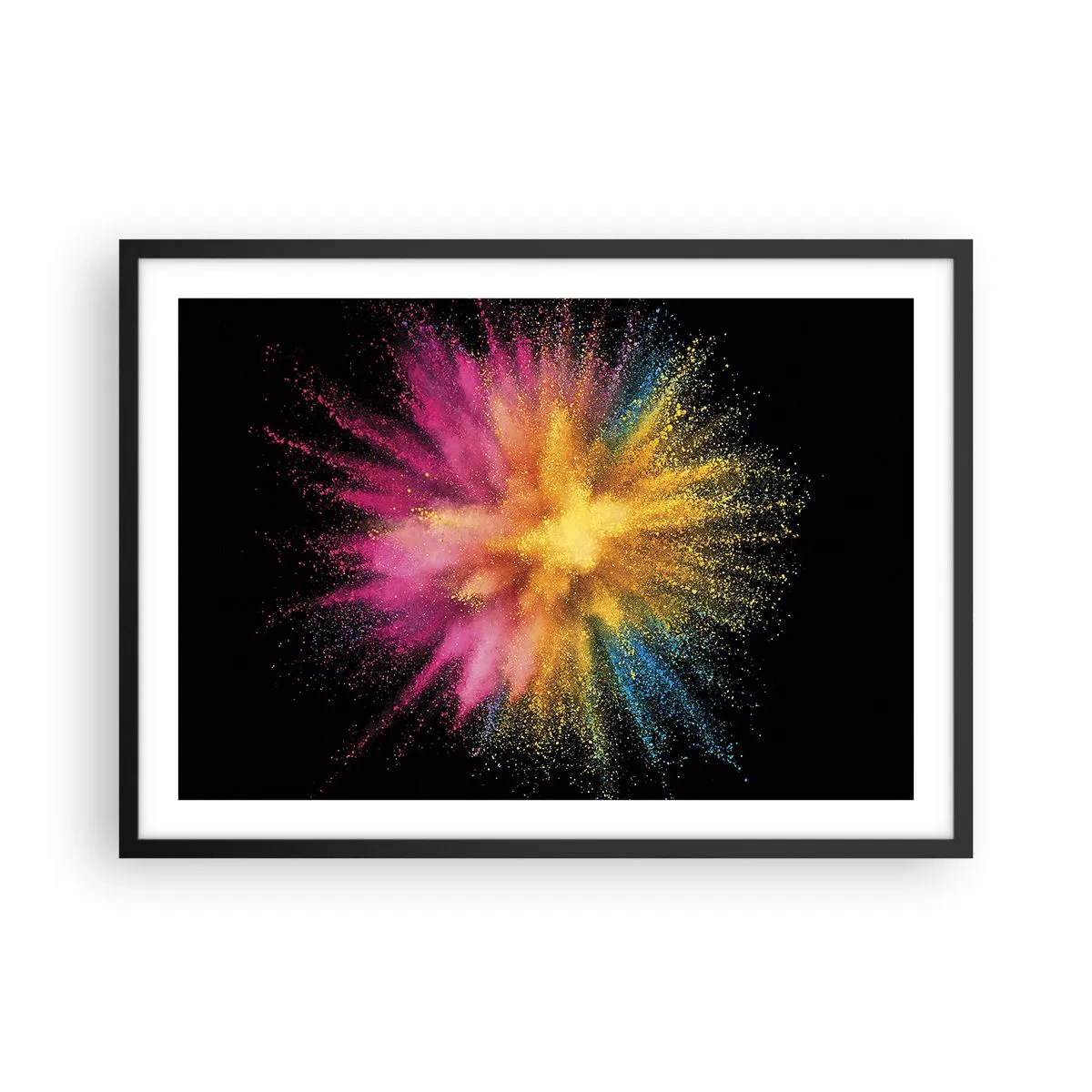 Affiche dans un cadre noir - Poster - Explosion de poudre colorée sur fond noir - 70x50cm - Origine des couleurs - Décoration murale moderne pour le salon et la chambre ARTTOR