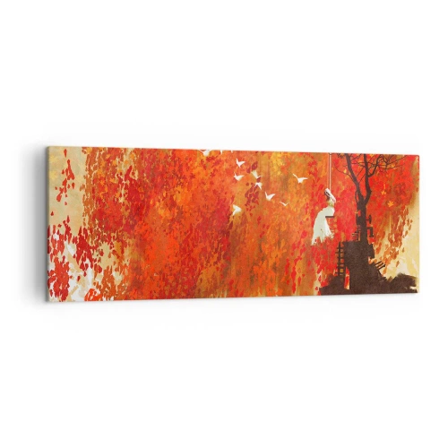 Impression sur toile - Image sur toile - Une silhouette sur une balançoire près d'un arbre entouré de feuilles rouges - 140x50cm - S'envolera-t-il avec eux ? - Décoration murale moderne pour le salon et la chambre ARTTOR