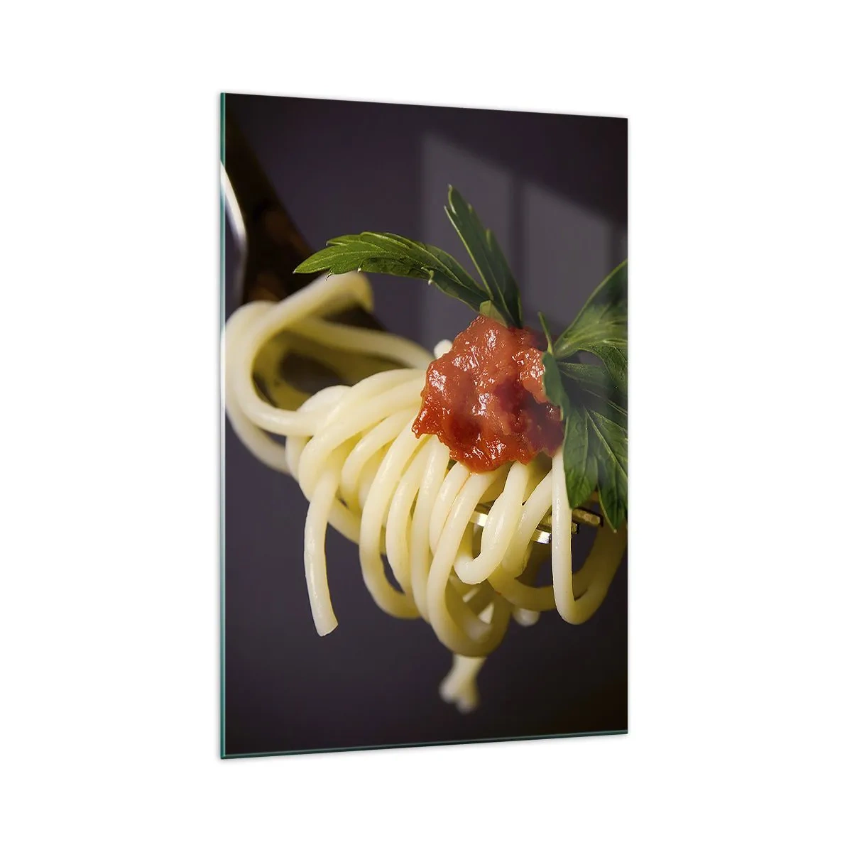Impression sur verre - Image sur verre - Spaghettis à la fourchette avec sauce tomate et persil - 70x100cm - Une bouchée savoureuse - Décoration murale moderne pour le salon et la chambre ARTTOR