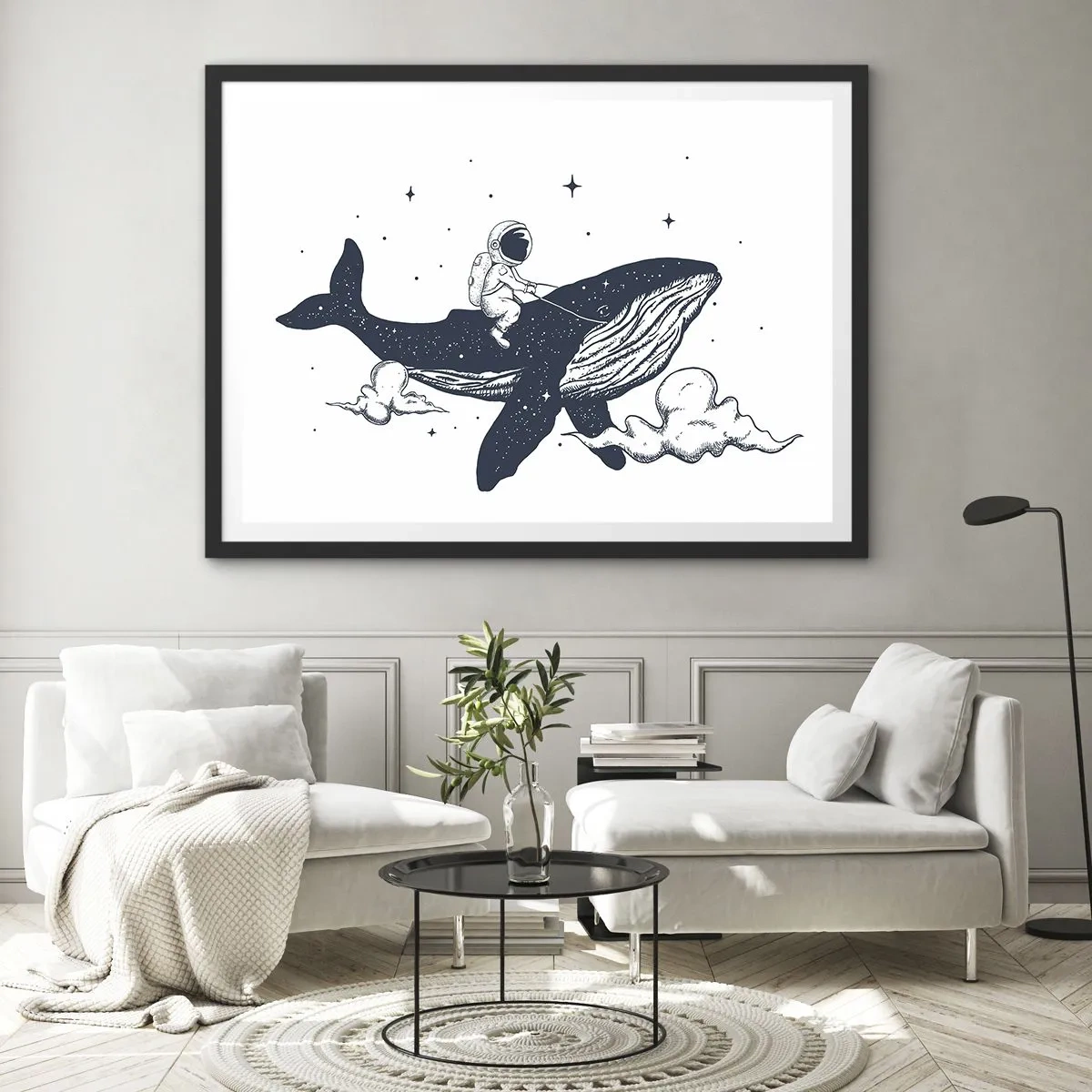 Affiche dans un cadre noir - Poster - Astronaute sur une baleine flottant dans l'espace - 100x70cm - Aventure spatiale - Décoration murale moderne pour le salon et la chambre ARTTOR