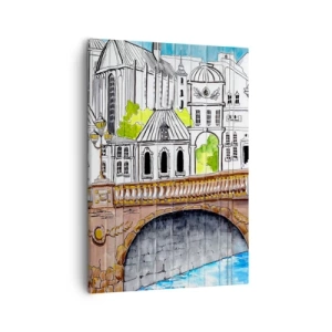 Impression sur toile - Image sur toile - Dessin du pont et de l'architecture urbaine historique - 50x70cm - Une ville comme peinte - Décoration murale moderne pour le salon et la chambre ARTTOR