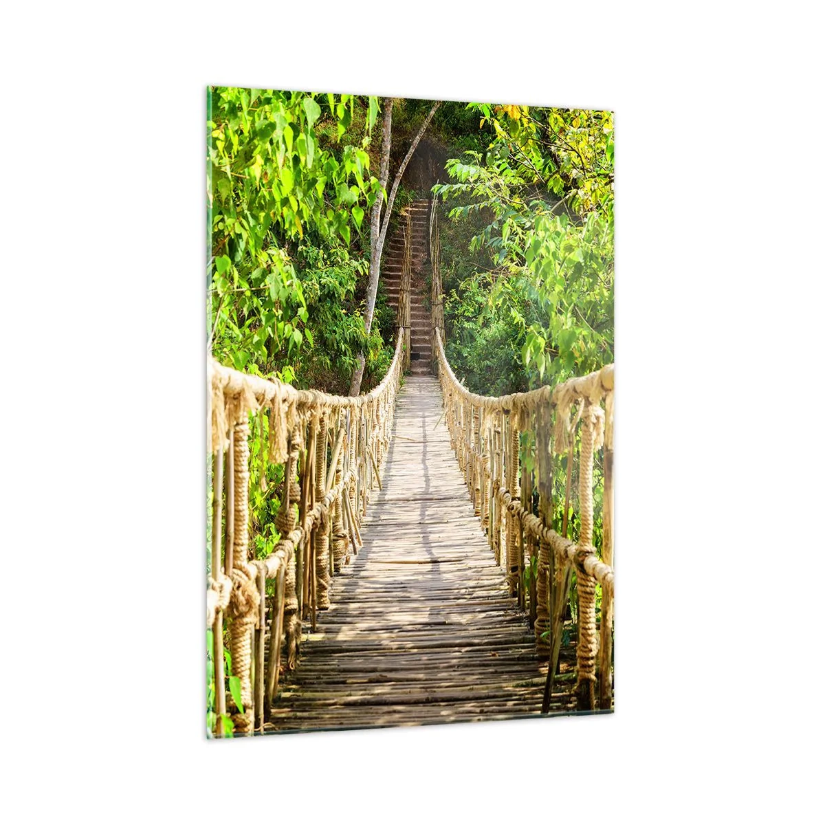 Impression sur verre - Image sur verre - Un pont de corde en bois entouré d'une végétation luxuriante - 50x70cm - Suspendu dans la nature - Décoration murale moderne pour le salon et la chambre ARTTOR