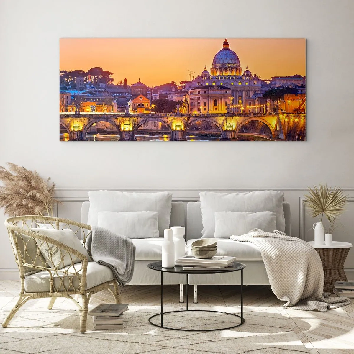 Impression sur verre - Image sur verre - Panorama du Vatican au coucher du soleil avec un pont sur la rivière - 140x50cm - Coucher de soleil sur la ville éternelle - Décoration murale moderne pour le salon et la chambre ARTTOR