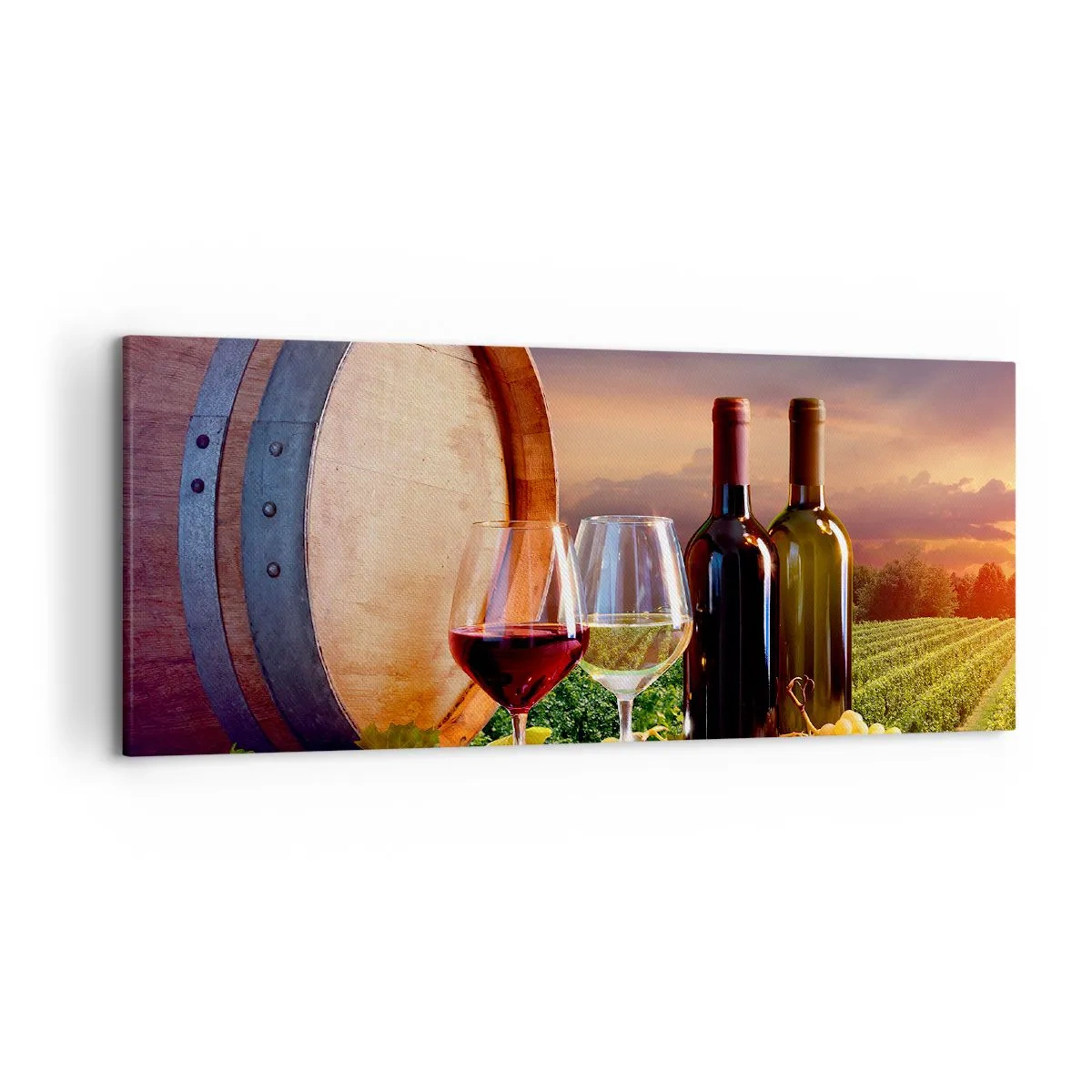 Impression sur toile - Image sur toile - Du vin, des verres et un tonneau dans un paysage pittoresque - 120x50cm - Ici la vie a du goût - Décoration murale moderne pour le salon et la chambre ARTTOR