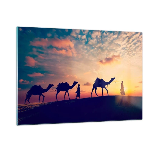 Impression sur verre - Image sur verre - Caravane de chameaux dans le désert au coucher du soleil - 120x80cm - L'esprit mystérieux de l'Orient - Décoration murale moderne pour le salon et la chambre ARTTOR