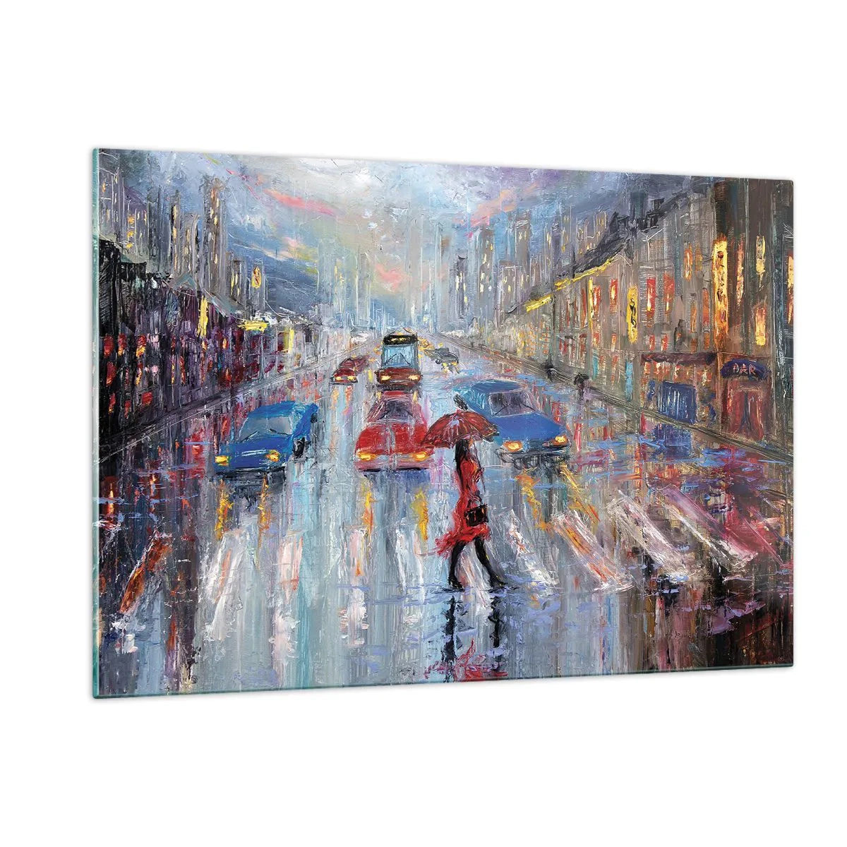 Impression sur verre - Image sur verre - Scène de ville la nuit avec pluie et lumières colorées - 120x80cm - Après-midi pluvieux en ville - Décoration murale moderne pour le salon et la chambre ARTTOR