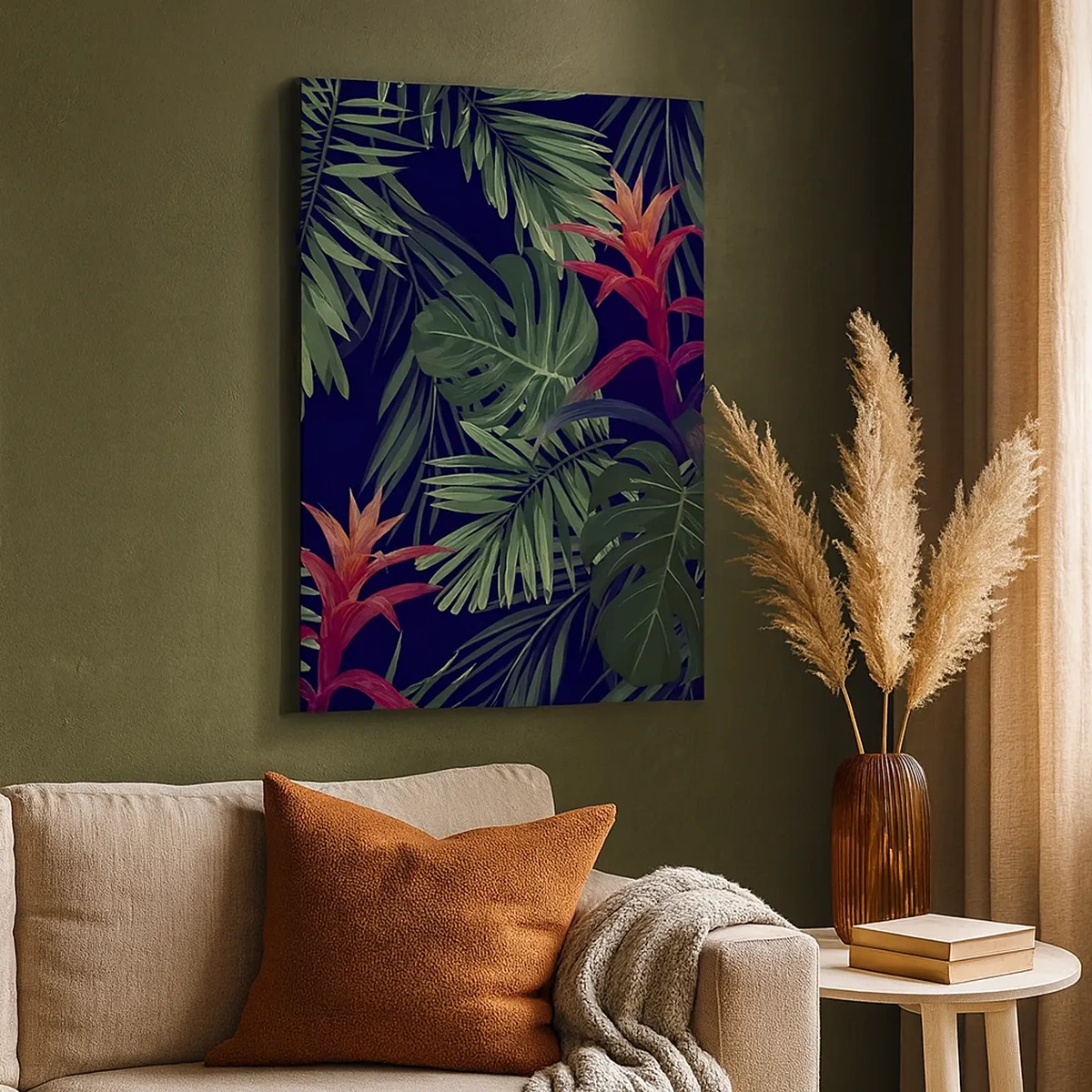 Impression sur toile - Image sur toile - Feuilles et fleurs tropicales sur fond sombre - 50x70cm - immergé dans la nature - Décoration murale moderne pour le salon et la chambre ARTTOR